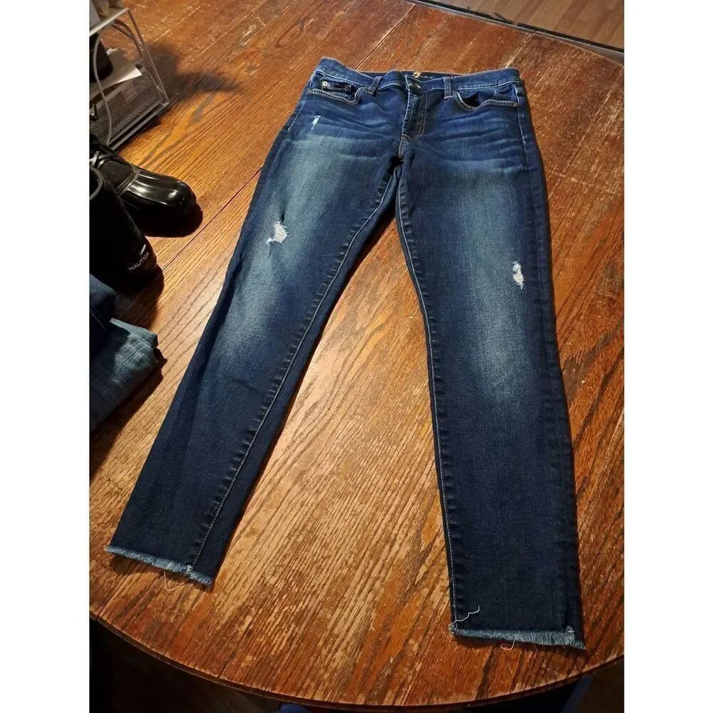 7 For All Mankind Givenevere Womens Waist 30 Distressed Raw-Hem Denim Blue Jeans